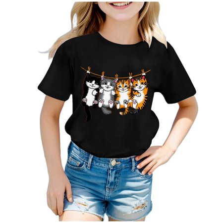 SonxaHe Little Girl T Shirts Short Sleeve Cartoon Graphic Tee Child Stylish Comfortable Durable Athletic Tshirts Black Szie 6-8 Y