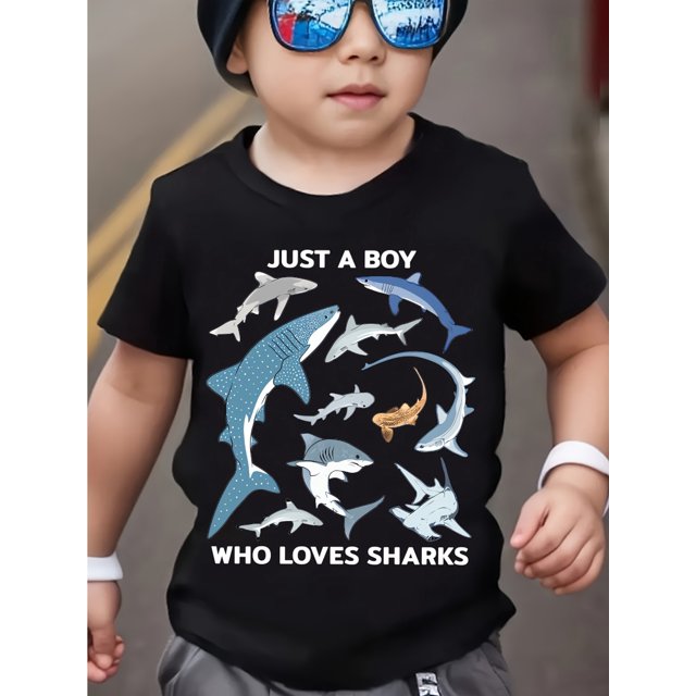 MILKYSHIP Boys' Casual Summer T-Shirt - "Just a Boy Who Loves Sharks" Graphic, Short Sleeve, Round Neck, Lightweight & Stretchy, Casual Wear for Youngsters, Casual Summer Wear | Playful
