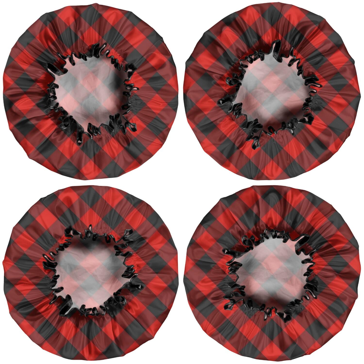 Shower Caps,Red Black Checkerboard Checkered Pattern Waterproof Shower Cap for Women 4 Pieces,Double Reusable Hair Cover for Shower PEVA Elastic Stretch Hem