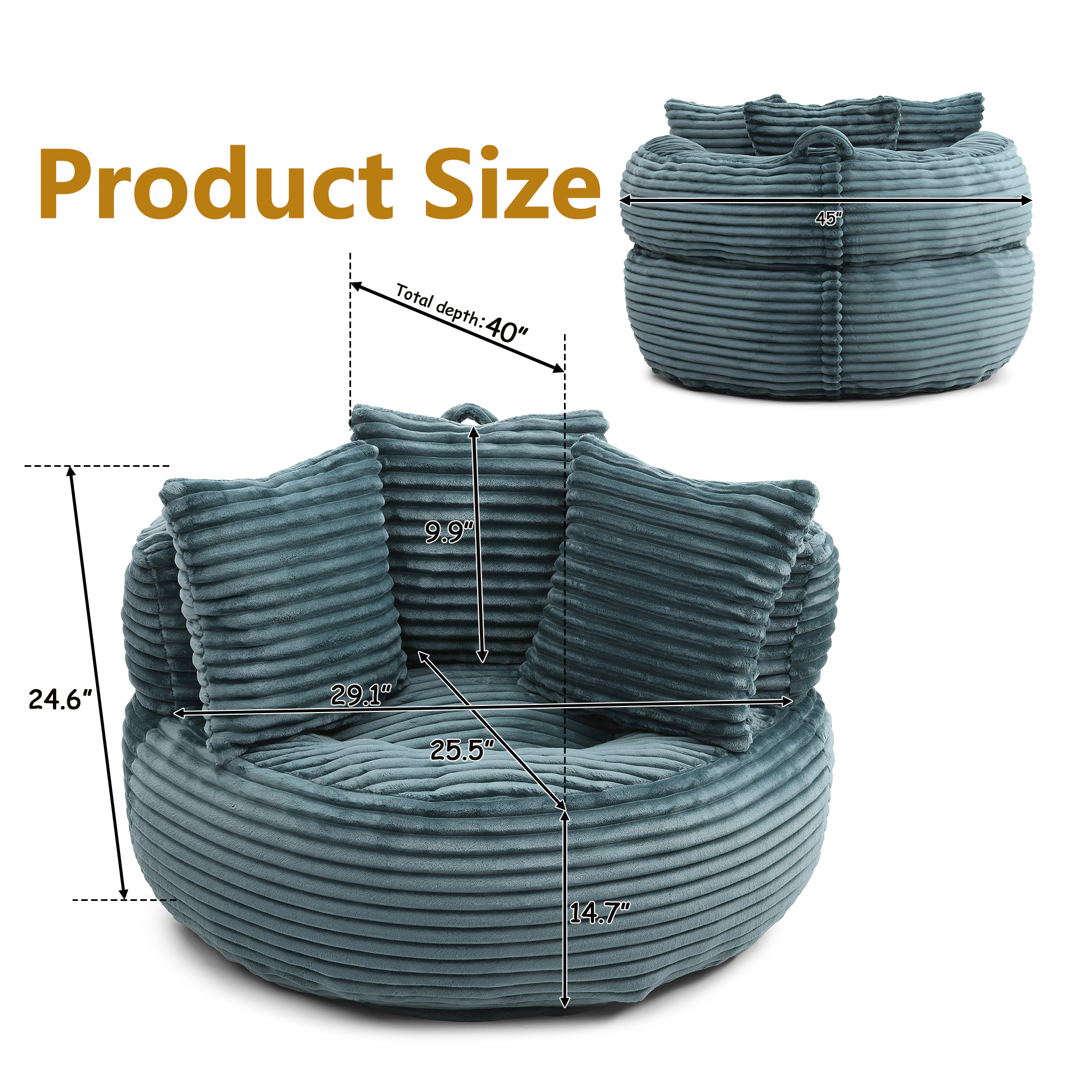 MDQMD 45"Oversized Bean Bag Chair Round with Armrests Corduroy Fabric 3 Pillows Comfy Lazy Sofa for Adults Giant Bean Bag Chair for Living Room Bedroom Gaming Reading Nook Dark Blue