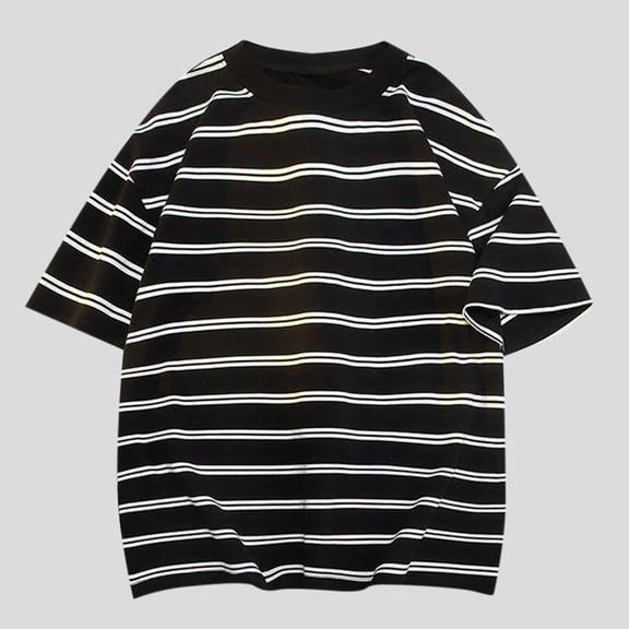 Kalauyu Striped T-Shirt Short Sleeve for Men Loose Cotton Round Neck Casual Hipster Pullover Color Block Basic Tee Summer