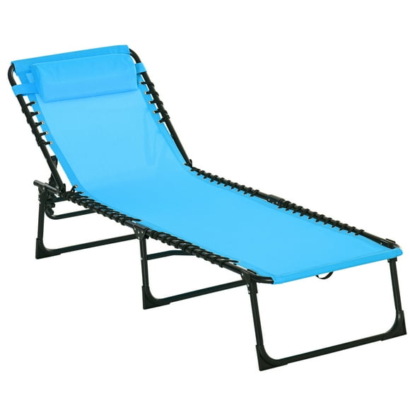 Outsunny Outdoor Folding Lounge Chair, 4-Level Adjustable Chaise Lounge with Headrest, Tanning Chair Beach Bed Reclining Lounger Cot for Camping, Hiking, Backyard, Sky Blue