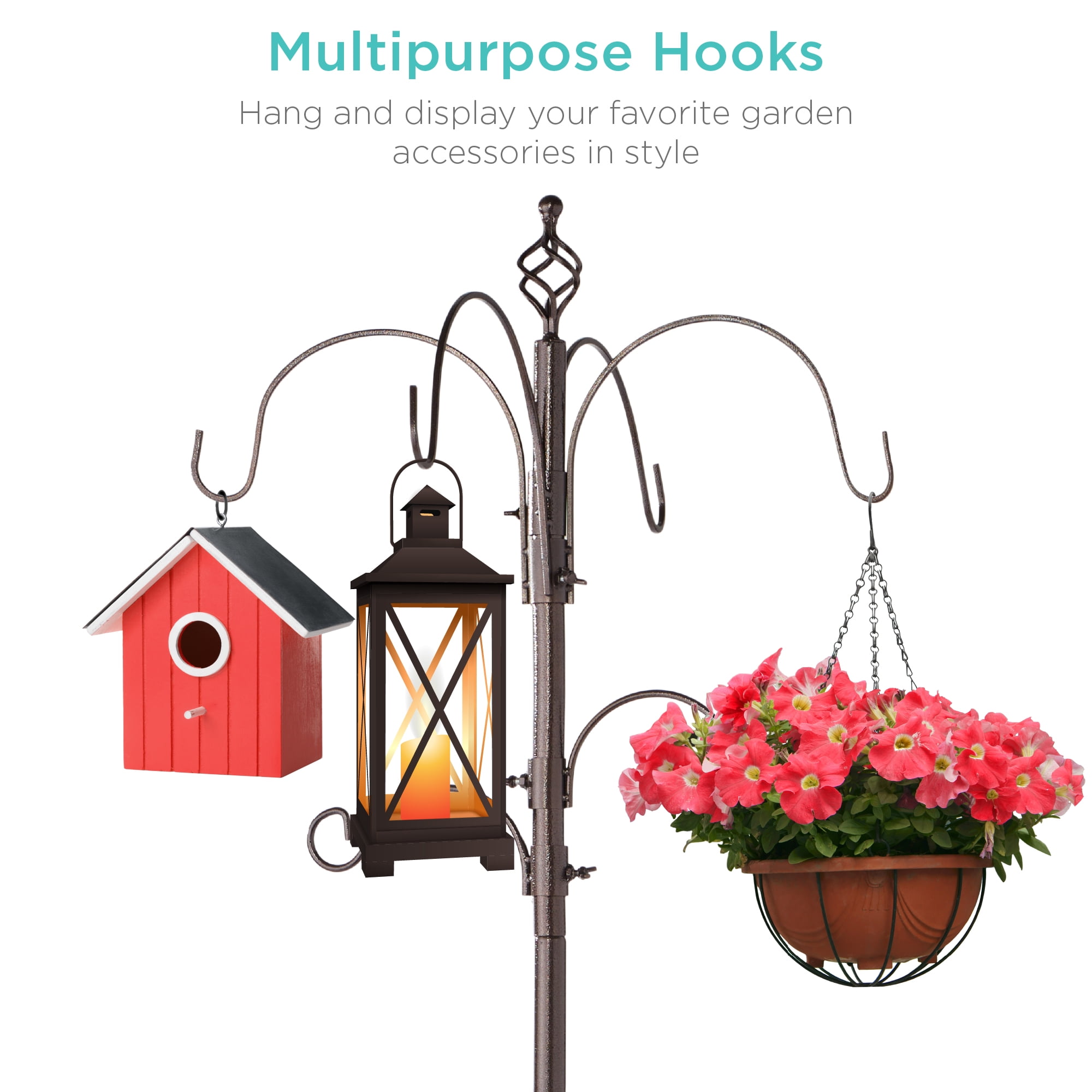 Best Choice Products 89in 6-Hook Bird Feeding Station, Steel Multi-Feeder Stand w/ 4 Feeders, Tray, Bird Bath - Bronze