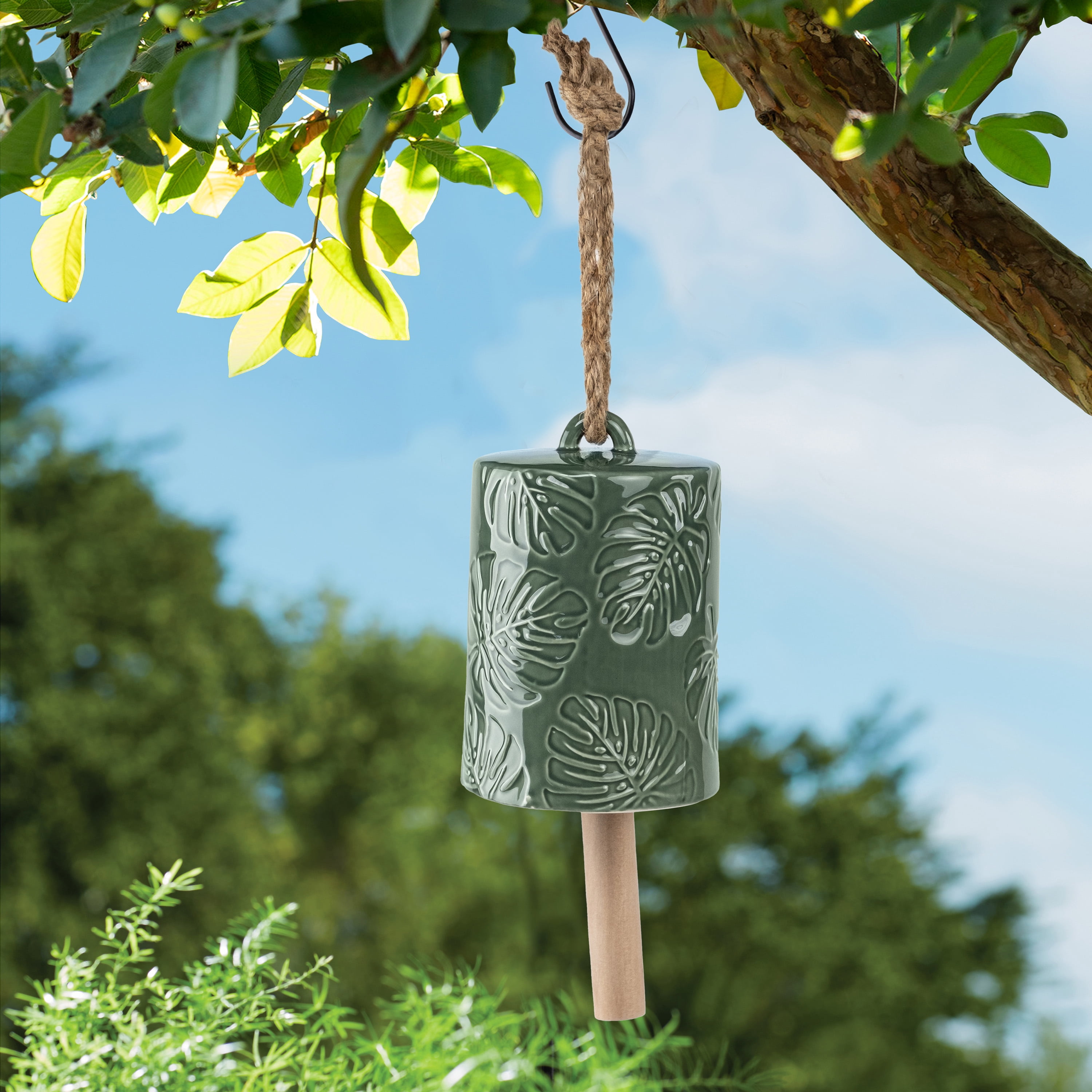 Mainstays Outdoor 18"H Monstera Green Ceramic Bell Wind Chime, 1.72 lb weight
