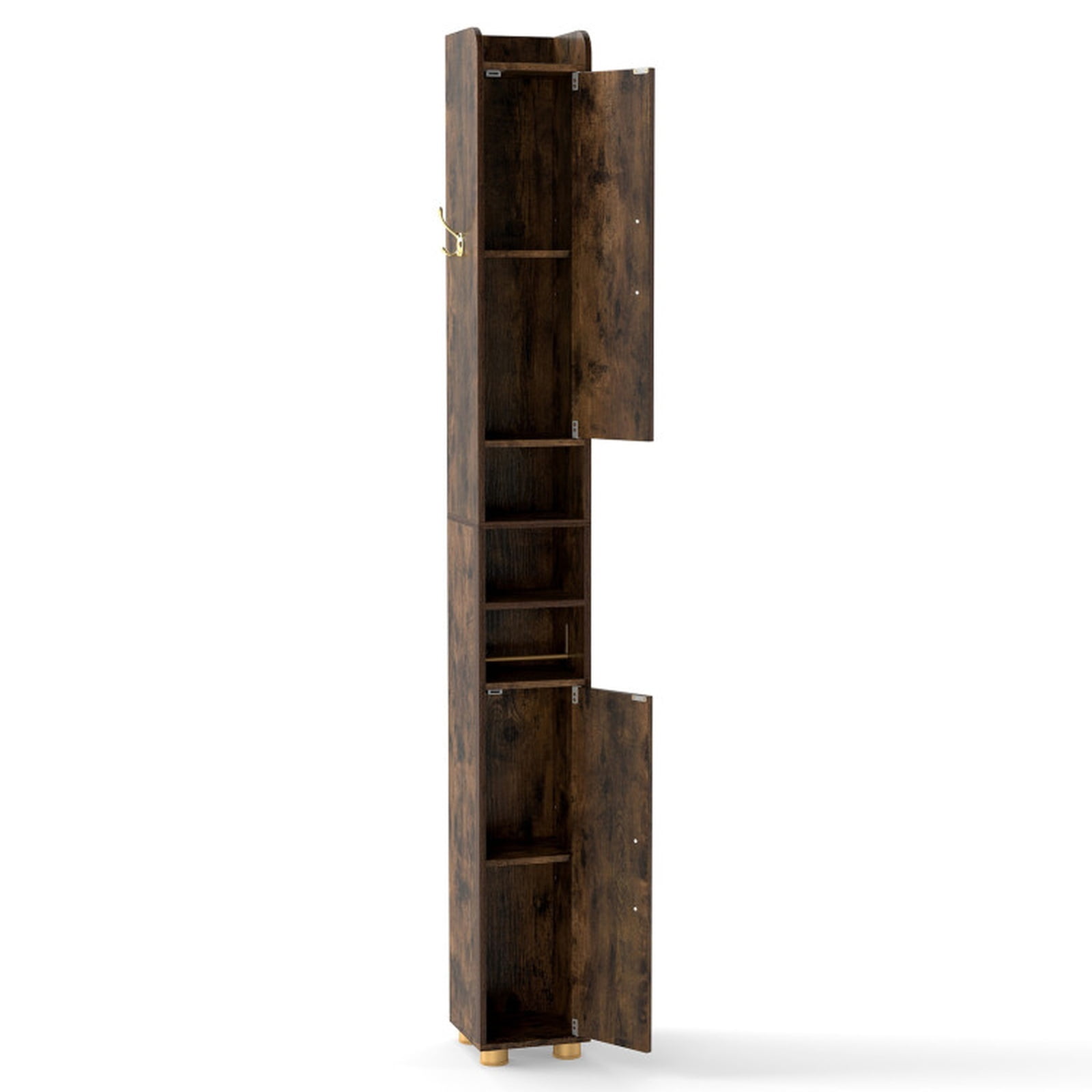 Vebreda Narrow Bathroom Storage Cabinet, Tall Freestanding Slim Cabinet with 2 Closed Cabinets, Open Shelves and Toilet Paper Holder, Adjustable Shelves and Hook, Rustic Brown