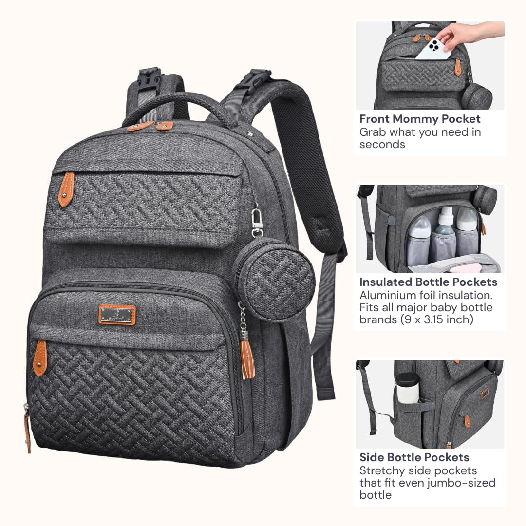 BabbleRoo Diaper Bag Backpack, Travel Backpack, Pacifier Case & Stroller Straps, Multifunction, Waterproof, Unisex – Dark Gray