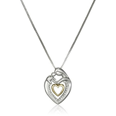 14k Heart Gemstone Pendant - Sterling Silver and 14k Yellow Gold Mother's Jewel Double Heart Diamond Accent Pendant Necklace, 18