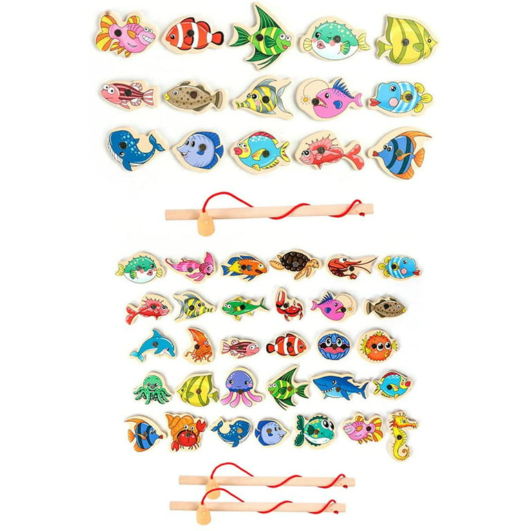 Willstar Magnetic Fishing Game Toys Set with Fish Rod Wooden Magnetic Fishing Game Pool Toys Cartoon Marine Life Cognition Fish Rod Toys for Kids