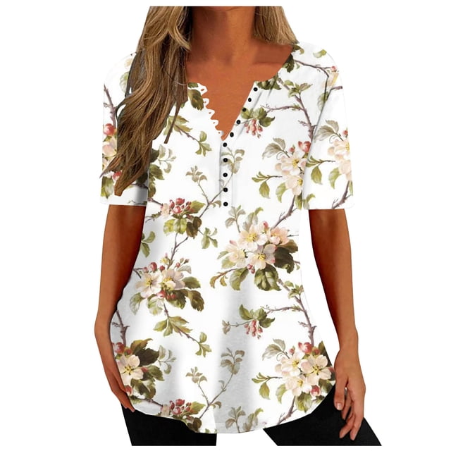 DPTALR Femmes Été V-neck Print Casual Ample Top Manches Courtes V-neck Buttons Tops