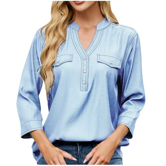 CheerKidz Women's Fashion Casual Spring Summer Denim Shirt Loose 3/4 Sleeve V-Neck Imitation Chambray Blouse Trendy Streetwear(Light Blue,2XL)