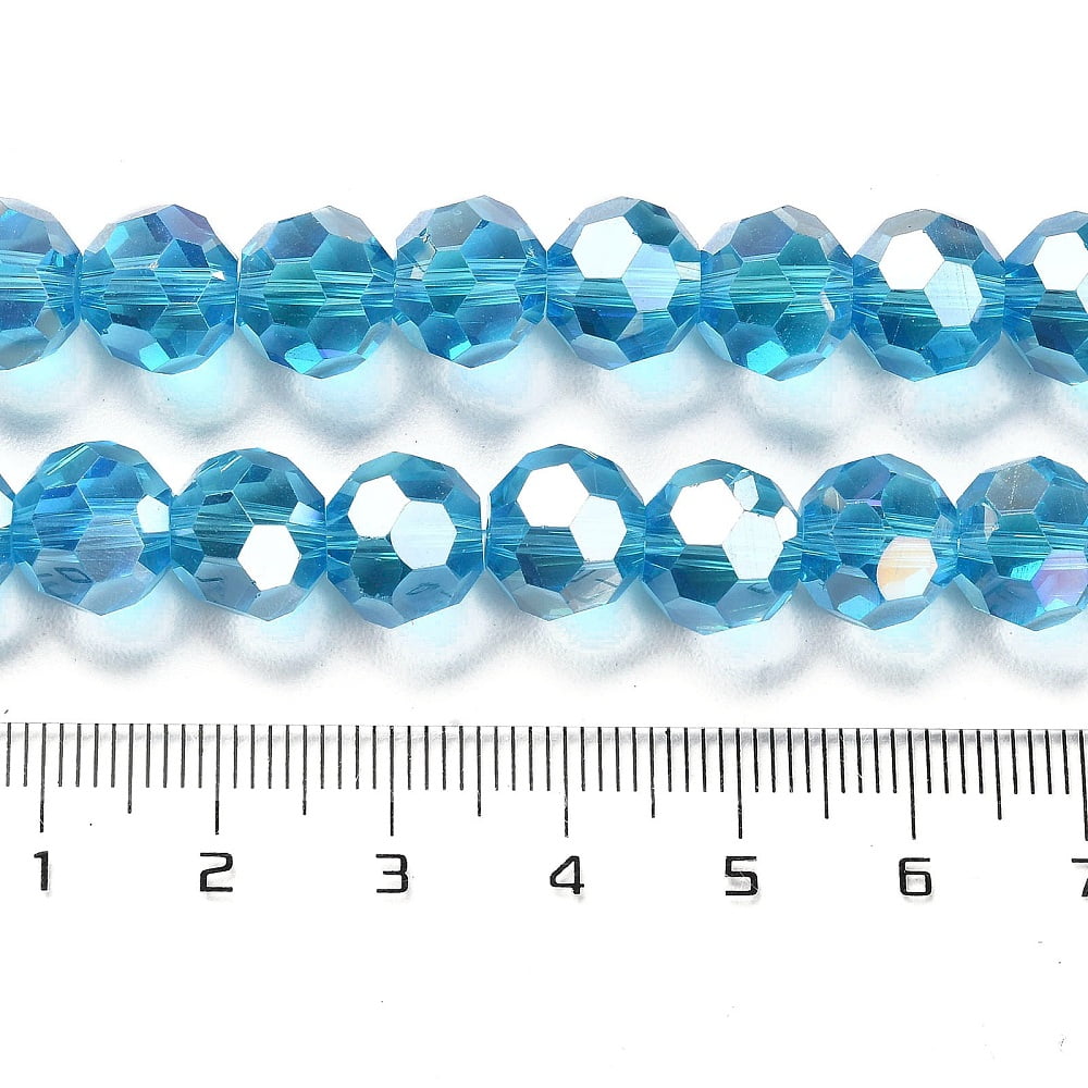 Transparent Glass Beads 32 Facets AB Color Plated Round Deep Sky Blue 10x8.5~9mm Hole: 1.6mm about 67pcs/strand 23.62''(60cm)