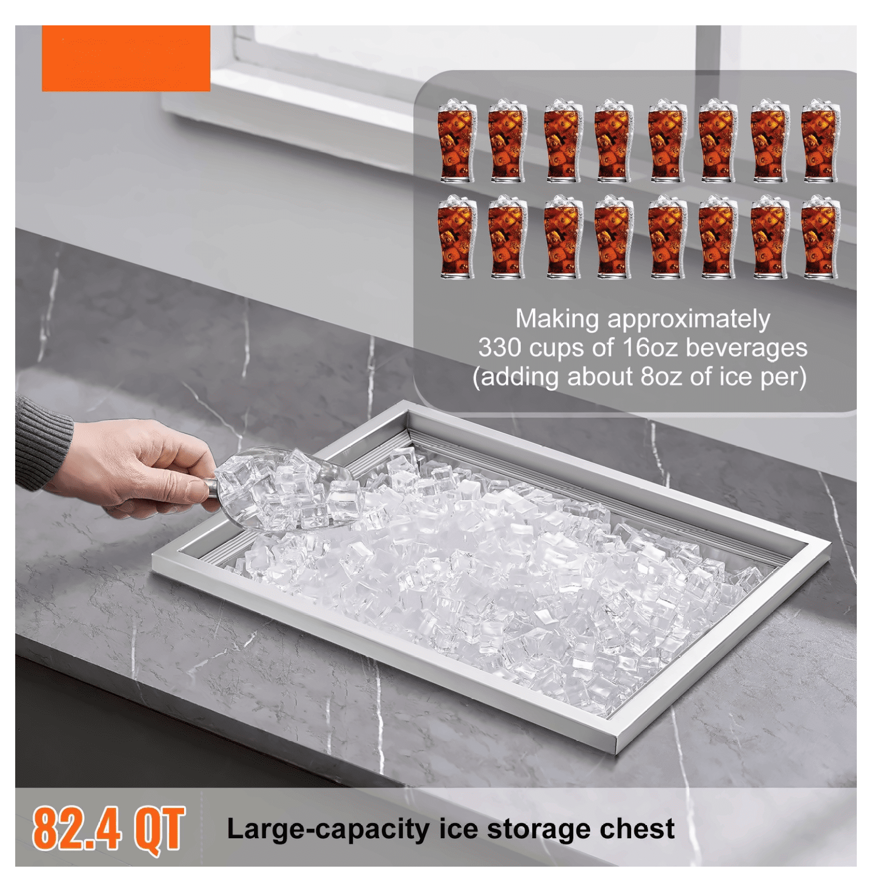 Stainless Steel Drop In Ice Chest, 40 Qt Ice Cooler Bin, 21x17x18in, Commercial Bar Ice Storage, Drain Included, Outdoor Kitchen, Wine & Beer, 82.4QT Capacity