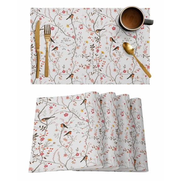 Vintage Spring Wallpaper Placemats Set of 6 Bird Red Flower Plants Texture Heat Insulation Washable Place Mats, Rustic Non-Slip Table Mats for Dining Table Party Kitchen Decor,13x19 Inch