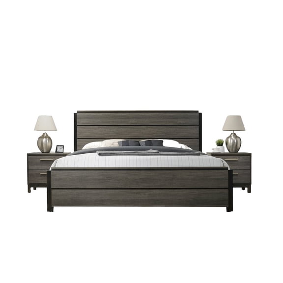 Roundhill Furniture Antique Grey Finish 3-Piece Wood Bed Room Set, Queen Bed and Two Nightstands
