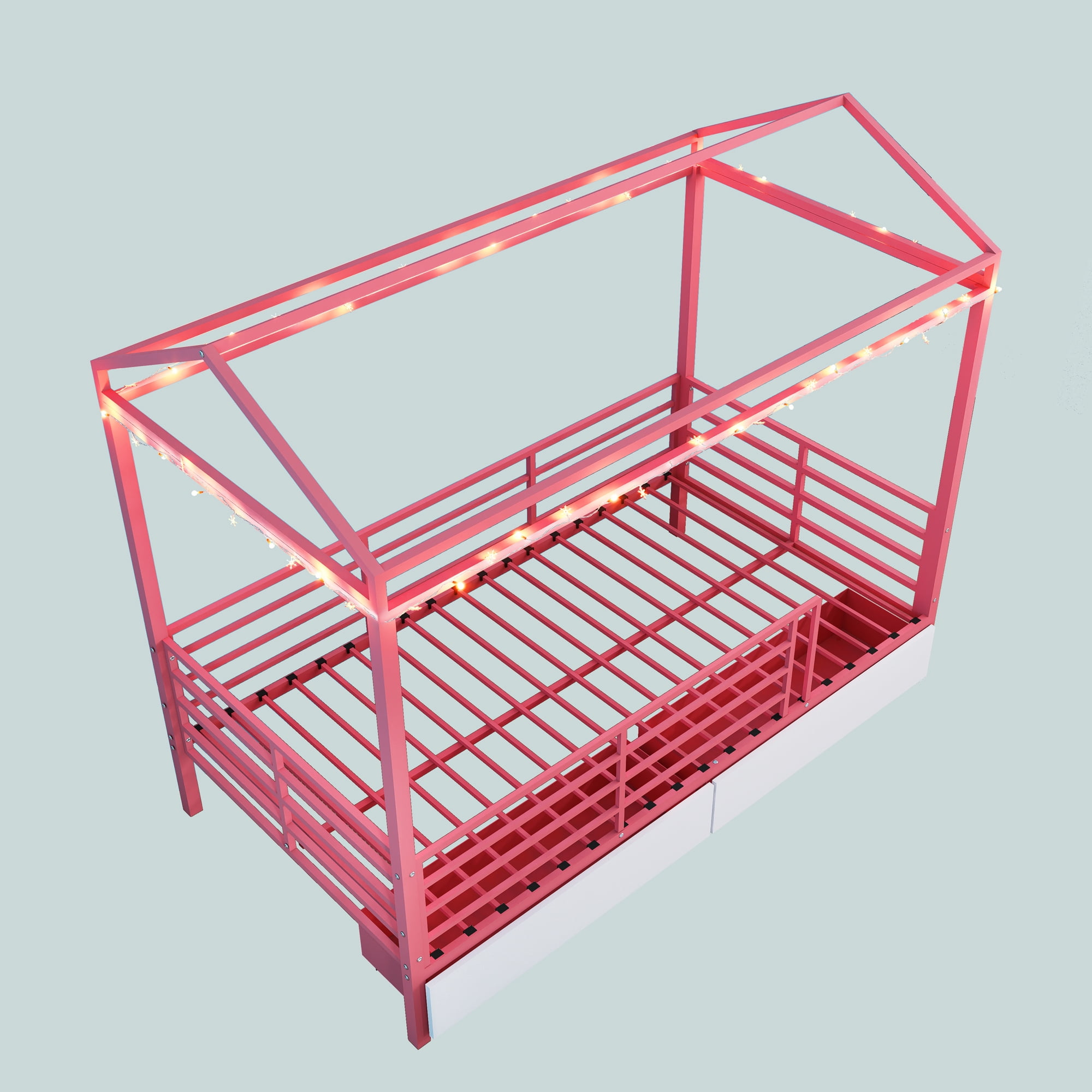 Mintazer Twin Size Metal House Bed with 2 Drawers, Kids Floor Bed with Guardrails for Boys & Girls, Pink