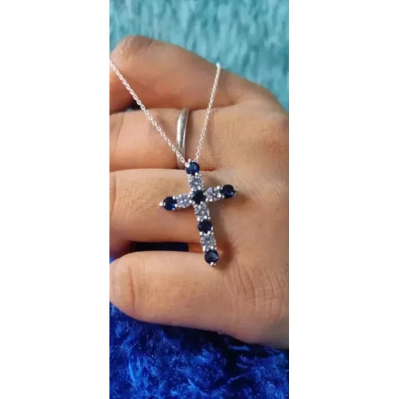 2.00Ct Round Cut Lab-Created Blue Sapphire & Diamond Charm Cross Pendant in 14K White Gold Plated