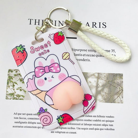 Student Portable Double-sided pattern Cartoon Bank Card Bus Card Push pull card sleeve Keychain Peach butt Card Holder WHITE