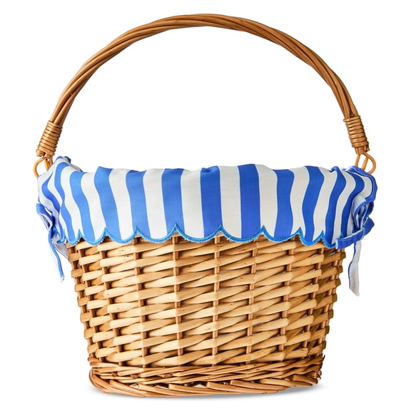 Round Willow Basket with Scalloped Stripe Liner, Natural Brown/Blue/White, 11.5" x 8", Easter by Way To Celebrate