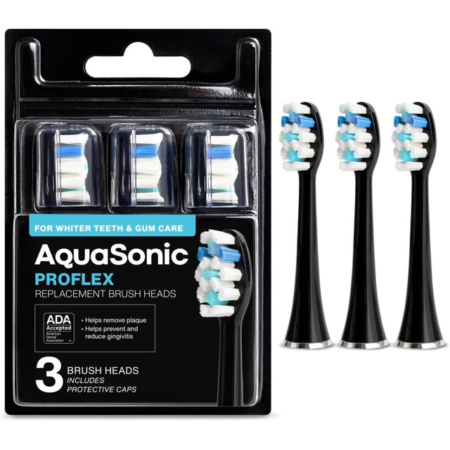 AquaSonic Proflex Replacement Brush Heads | ADA Accepted | for Whiter Teeth & Gum Care | Compatible with Many AquaSonic Toothbrush Handles (3 Pack Black)