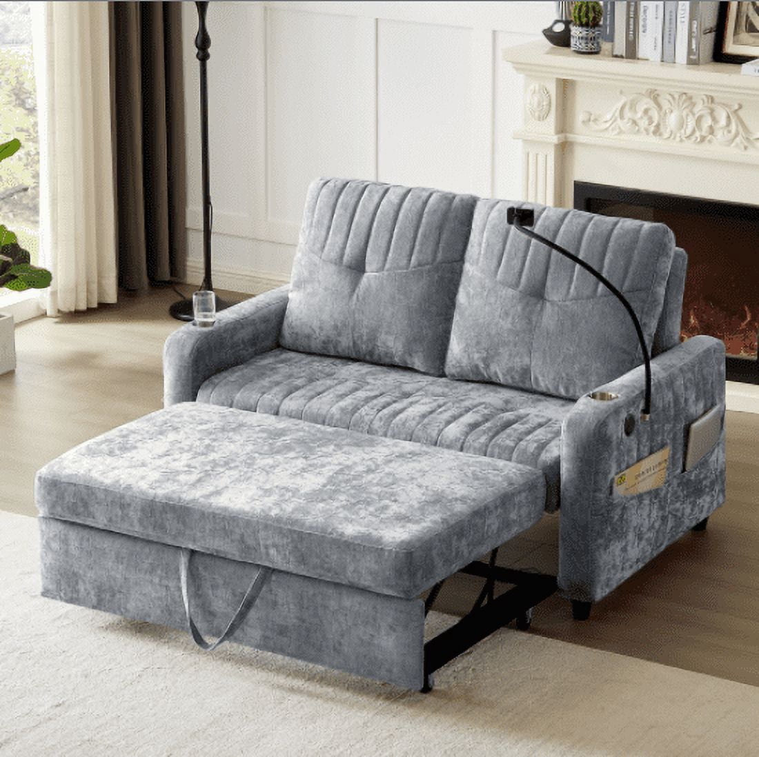 Euroco 53.9" Modern Loveseat Pull-out Sofa Bed with Adjustable Backrest, Two Cup Holders , a Phone Holder, Three Charging Ports and Side Storage Pockets for Living Room