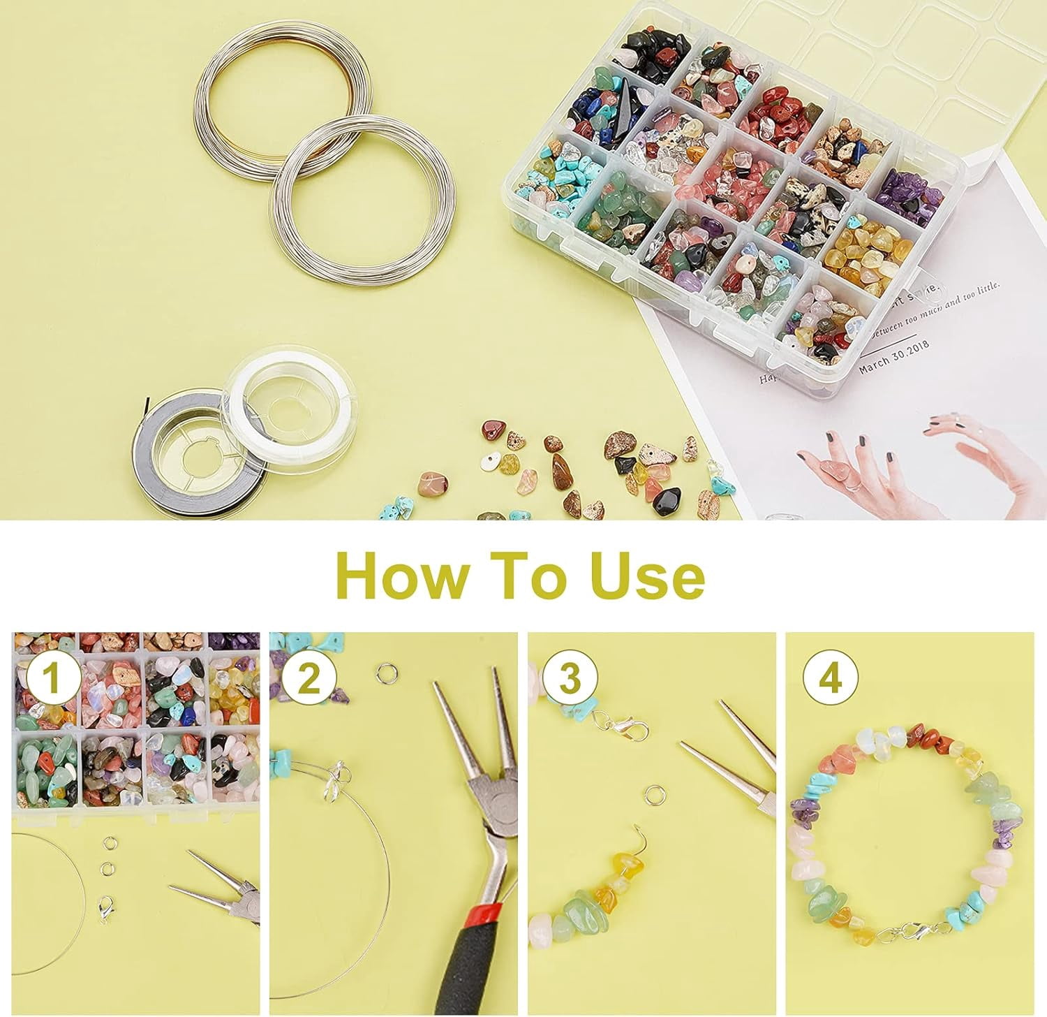DIY Stretch Bracelets Making Kits Including 15 Colors Natural & Synthetic Gemstone Chip Beads and Flat Elastic Crystal String 5~8mm Hole: 1mm 375g/box