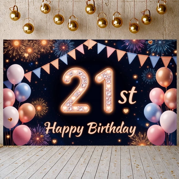 Rose Gold Style 21st Birthday Banner Embellished Birthday Party Backdrop Light-Up Design Happy Birthday Display for 21st Birthday Parties Adult Celebrations Female Birthday Gatherings