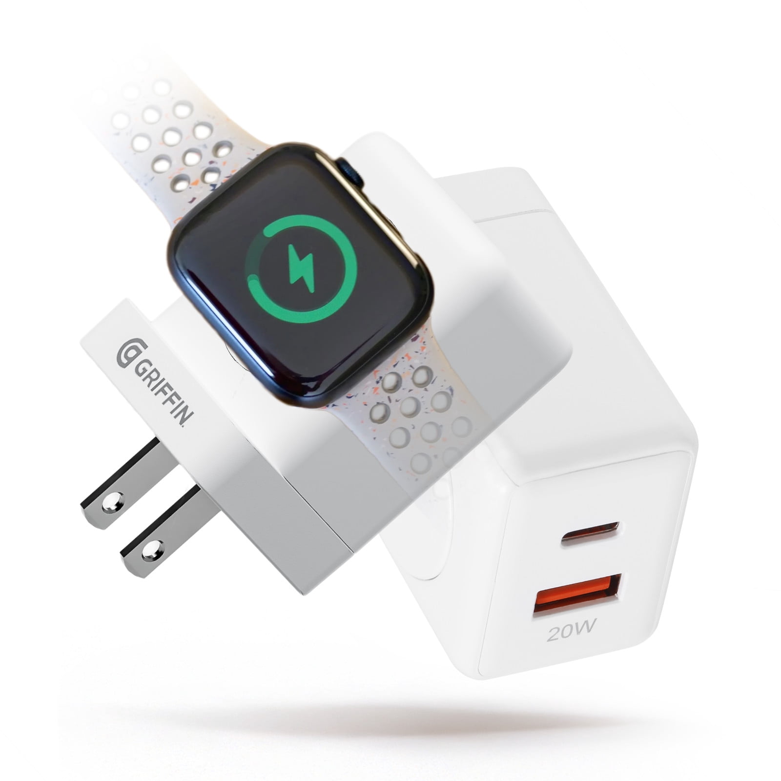 Griffin PowerBlock 20W Wall Charger with Smartwatch Wireless Charging, Dual USB-A & USB-C Ports, Fast Charging for Phones and Smartwatches