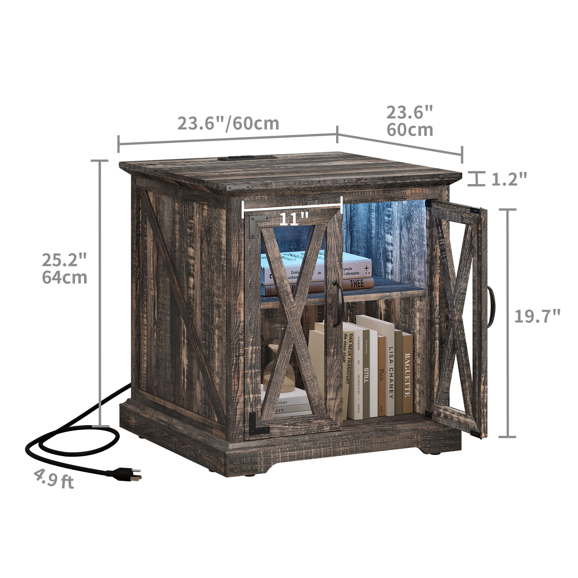 Uforic Farmhouse End Table with Power Outlets, Side Table Nightstand with LED Lights & Doors, Oak