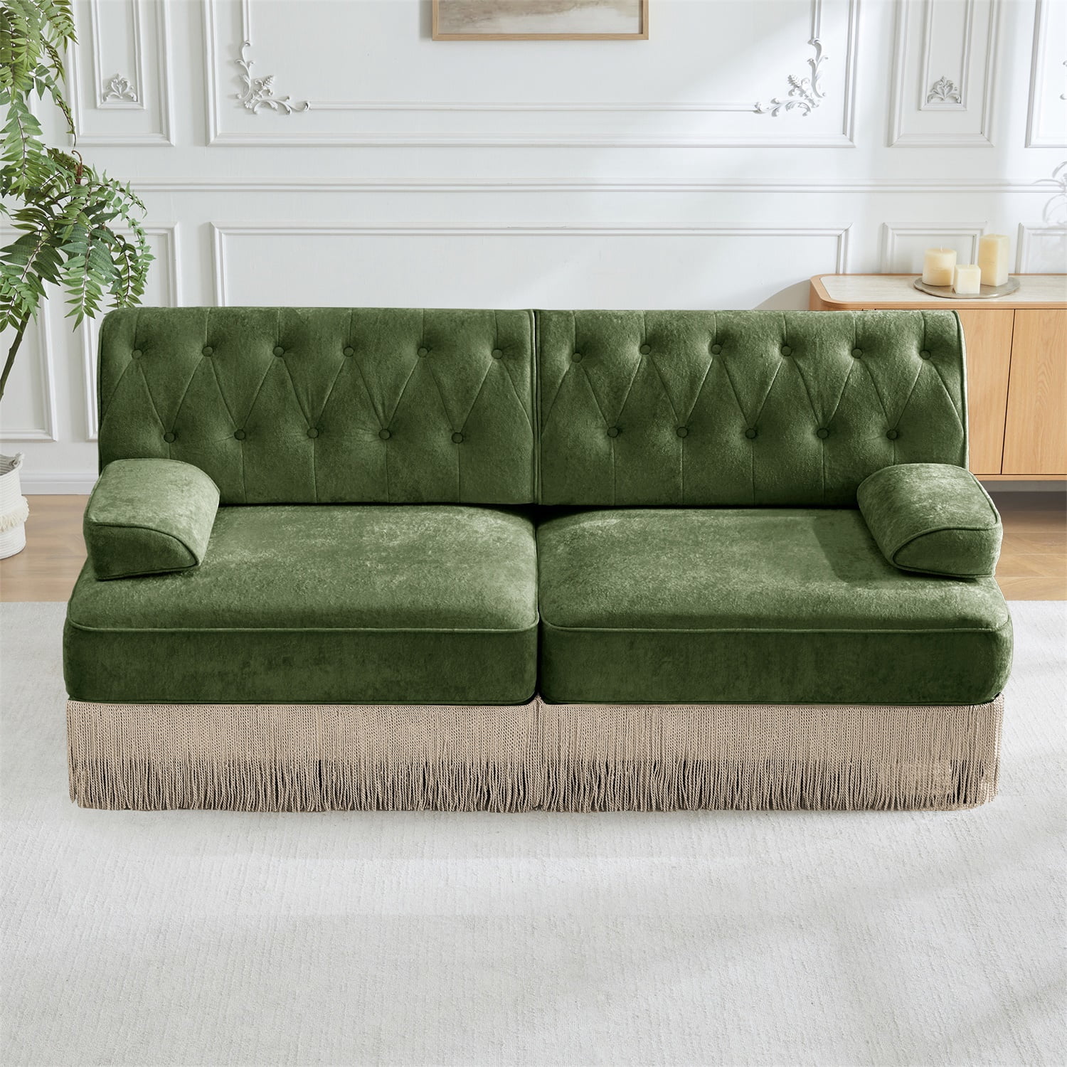 Hommoo 2-Seater Chesterfield Style Velvet Fabric Sofa Couch set, Tufted Button Upholstered Design and Floor-grazing TasseL, Free Combination Sectional Sofa, for Home, Green