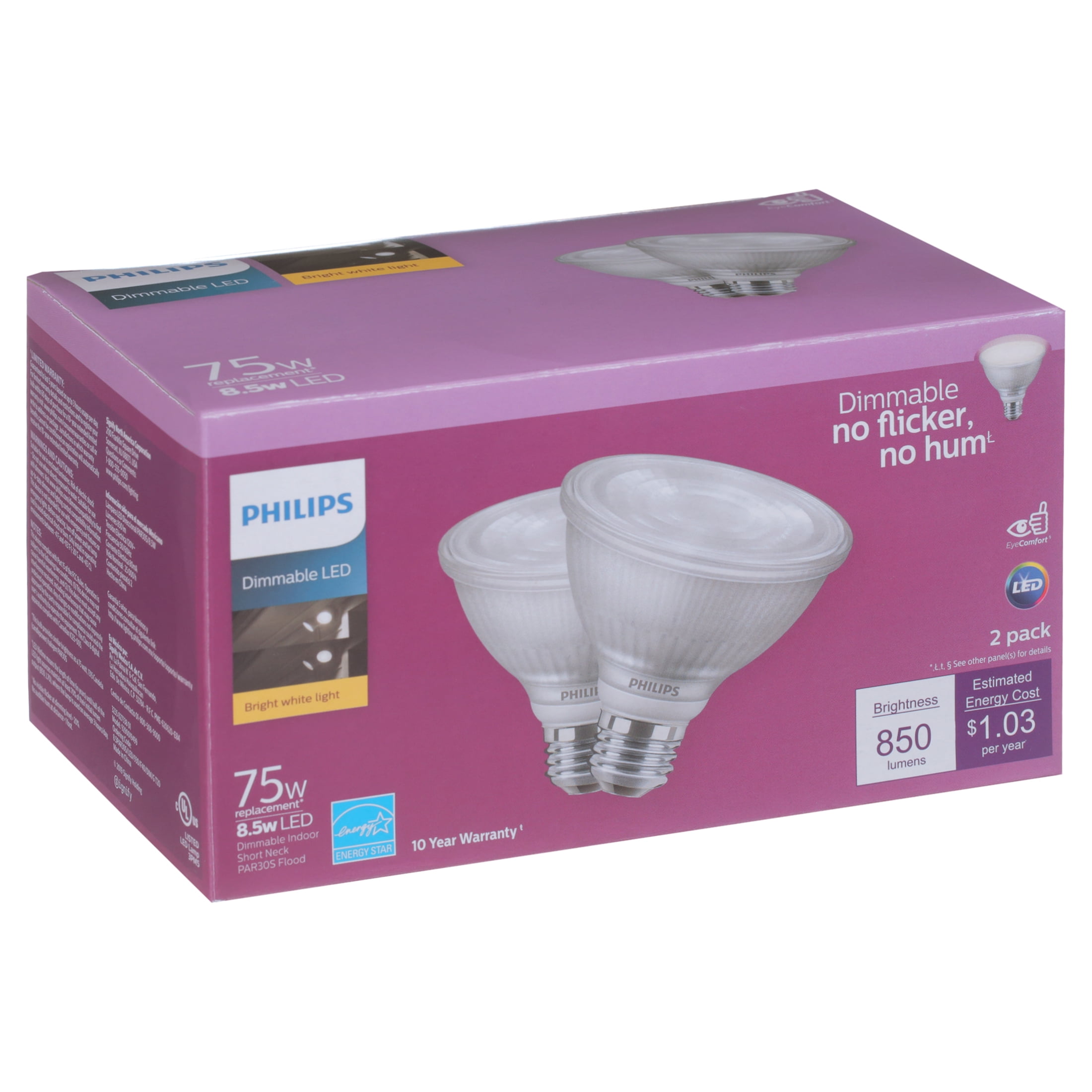 Phillips LED 75-Watt PAR30 Indoor Floodlight Light Bulb, Bright White, Dimmable, E26 Medium Base (2-Pack)