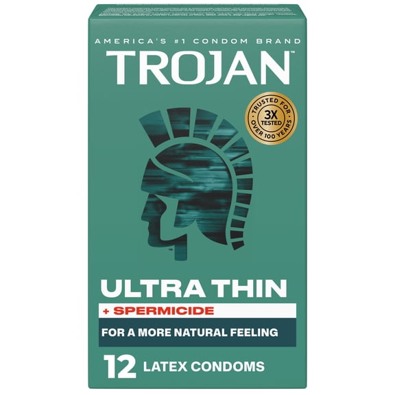 Trojan Ultra Thin Plus Spermicide Latex Lubricated Condoms for Men, 12 Count