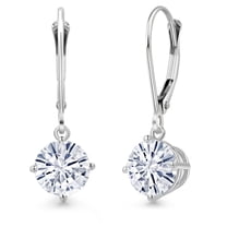 Gem Stone King 14K White Gold White Moissanite Leverback Dangle Earrings for Women | 2.00 Cttw | Gemstone Birthstone | Round 6.5MM