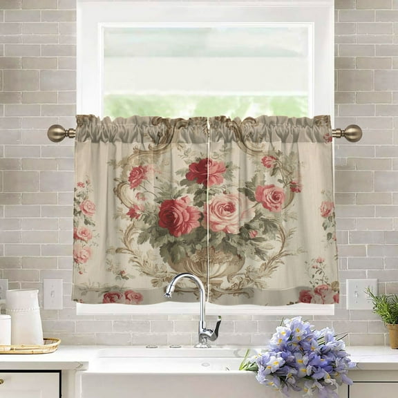 BZSMCE Set of 2 Pieces Kitchen Window Curtain Fashion Vintage Rose Bouquet Printed 27x24in/27x36in