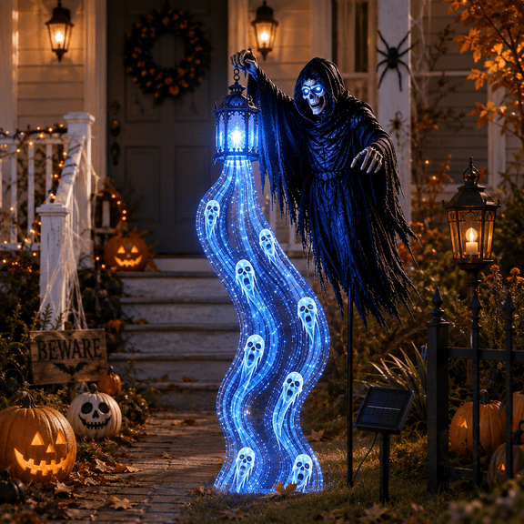 Halloween Soul Harvester Animated Garden Light – Solar Powered Flowing Ghost Lantern with Rising Reaper Effect