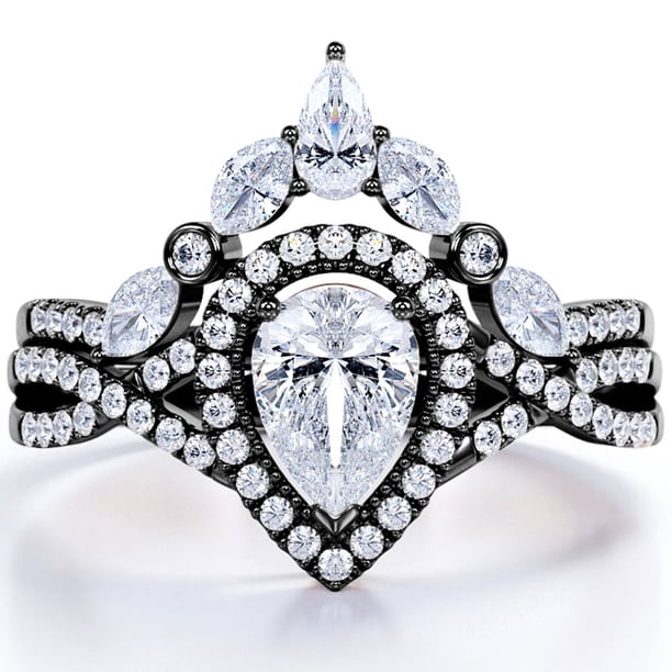 JeenMata Corona con Bisel - Moissanita en Forma de Lágrima de 1,5 Quilates - Pavé Infinito Retorcido - Halo Nupcial - Baño de Oro Negro de 18 K sobre Plata