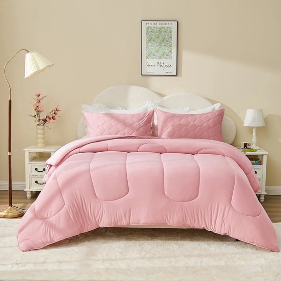Bestier Pink Queen Size Comforter Set | 3-Piece Soft & Fluffy Sorona Plant-Based Fiber All Season Bedding with Pillowcases, Skin-Friendly, Wrinkle Resistance, Moisture Wicking