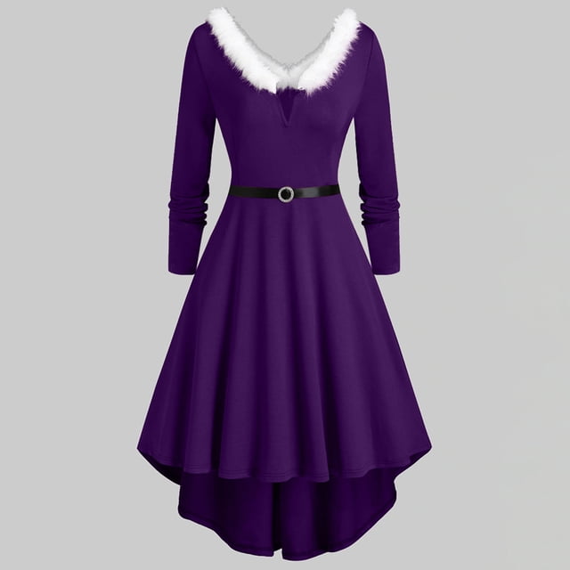 Fankiway Robes à Manches Longues en Solde pour Femmes Grande Taille Robe Unie à Manches Longues de Noël Col en V en Fourrure Robe à Dos Nu Robes pour Femmes Grande Taille en Solde