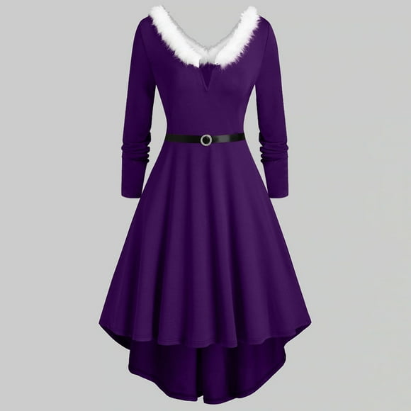 Aboser Mrs Claus Santa Costume Dresses for Women 2024 Winter A-Line Dress Xmas Furry Trim Midi Dresses Christmas Dress Santa Clause Outfit