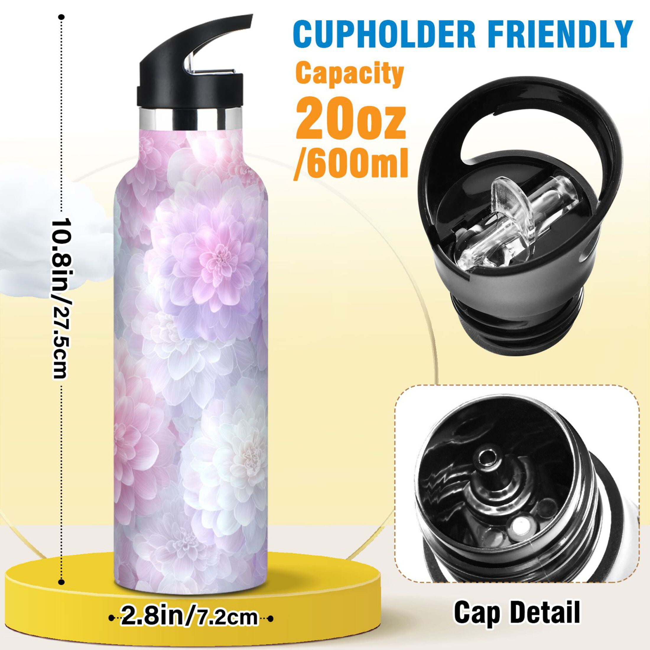 Kids Insulated Stainless Steel Sports Water Bottle 600ml (20oz) Cute Pastel Watercolor Floral