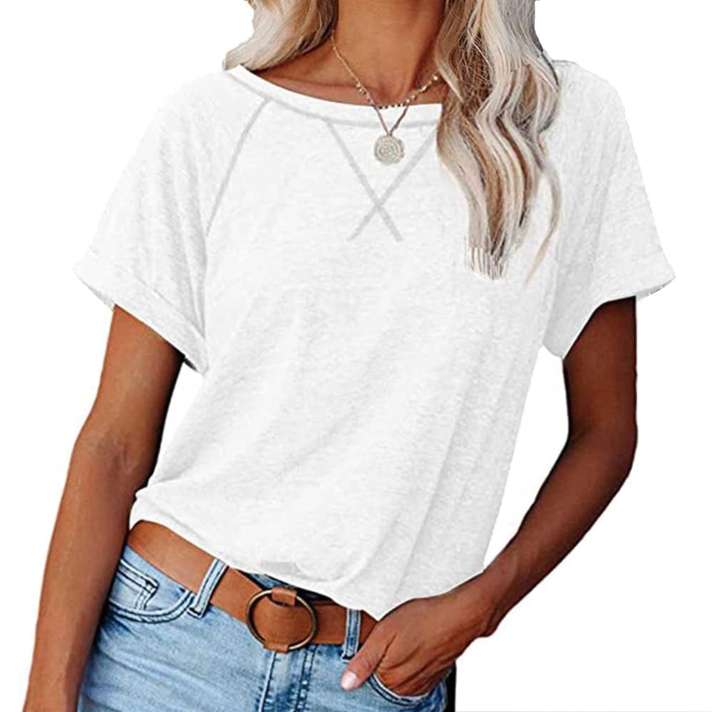 Veatzaer Women's Solid Color Top Short Sleeve T-Shirt Summer Round Neck ...