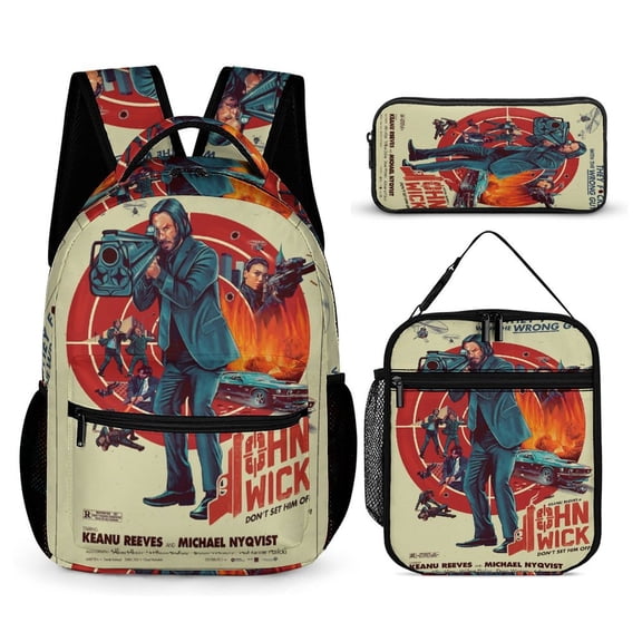John Movie Wick 3 PC Backpack Set Casual School Bag Daypack with Lunch Bag Outdoor Travel Large Capacity BagsOne Size
