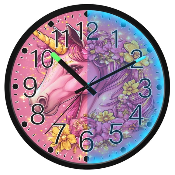 Ryvnso Unicorn Glitter 12 Inch Night Light Wall Clock Silent Battery Operated Luminous Clocks