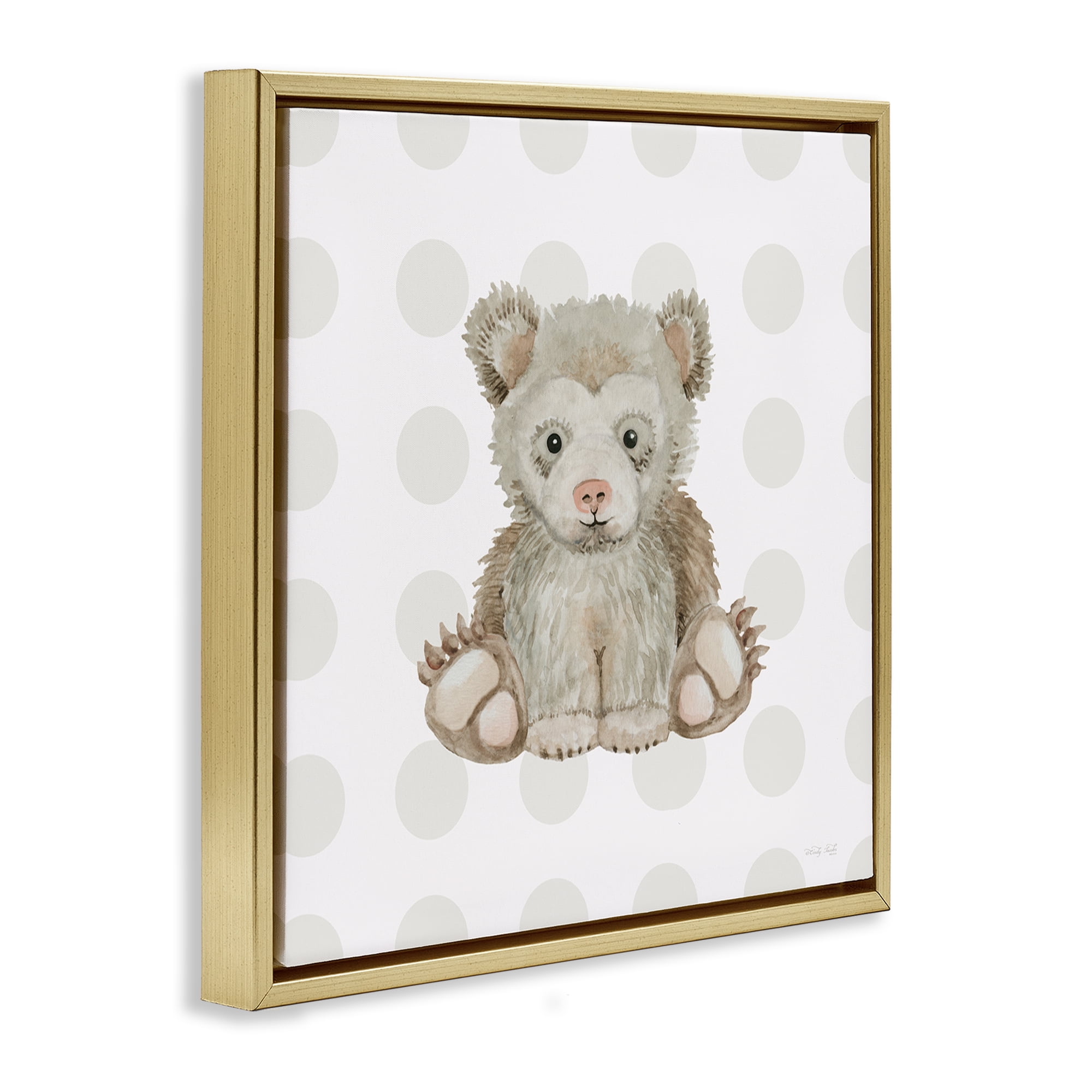 Stupell Industries Nursery Bear on Dots Animals Painting Gold Floater Framed Canvas Art Print Wall Art, 18 x 18