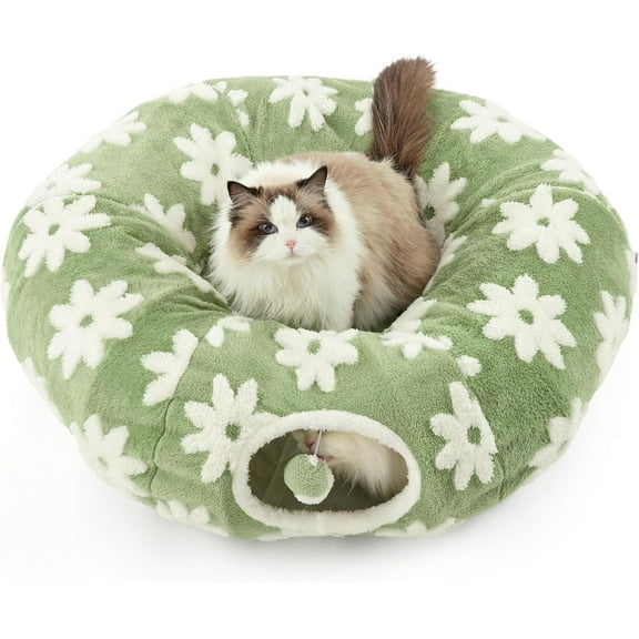 Cat Tunnel Bed for Indoor, Soft Plush Cat Donut Tunnel with Circle Mat, for Kitten Puppy Rabbit, Green