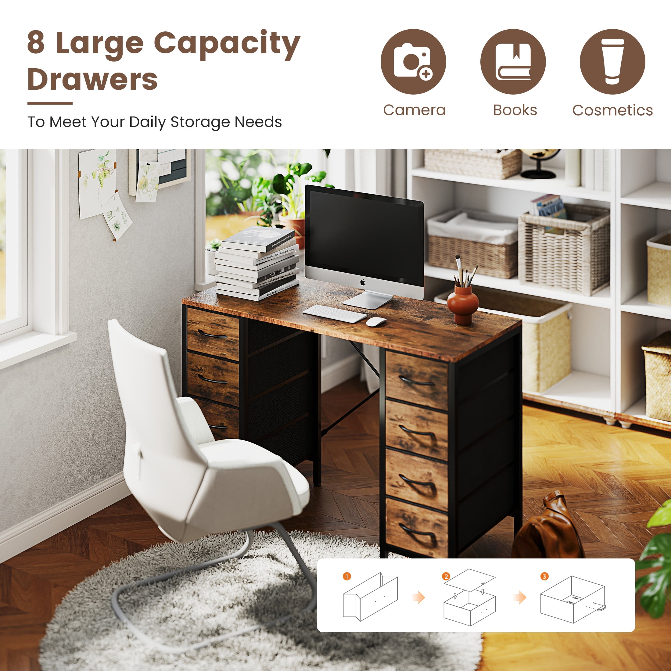EDX 47 Inch Computer Desk with 8 Fabric Drawer, Home Office Desk with Power Outlets, Large Storage,Rust