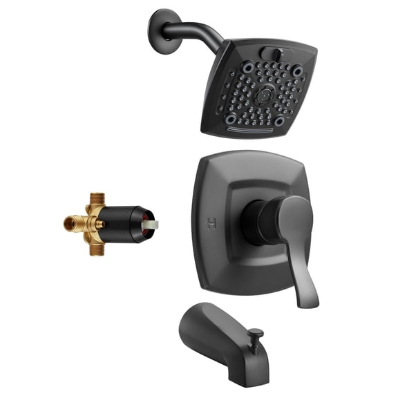 Matte Black Tub Shower Faucet Set with 5.1 Inch Rainfall Shower Head Bathtub Spout 5 Setting Adjustable Spray Single Handle Trim Kit Brass Pressure Balancing Valve