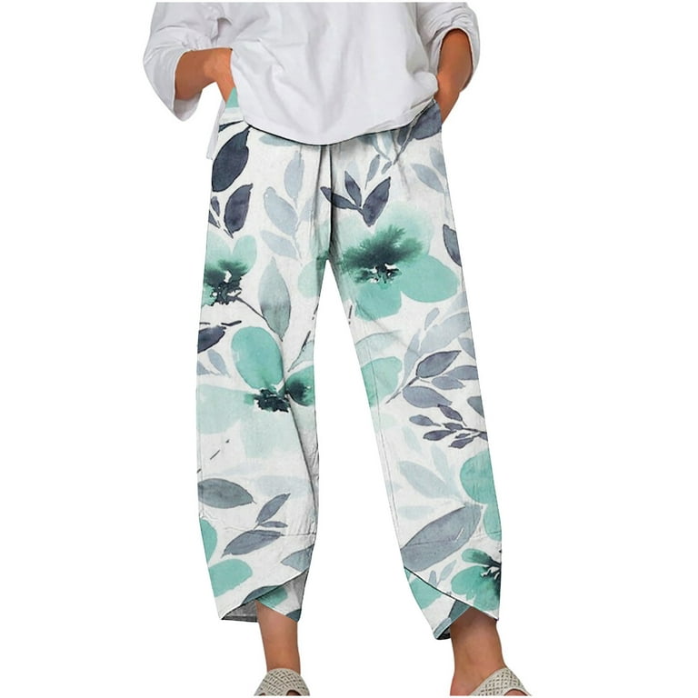 cllios Plus Size Linen Pants for Women Summer Elastic Waist Pant Loose Fit  Casual Tie Front Trousers Print Lightweight Yoga Pants