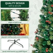 6.5FT Green Christmas Tree, Pre-Lit Artificial Xmas Tree with Colorful Candle Lights, Hinged Quick DIY Design, Pinecone and Berry Decoration