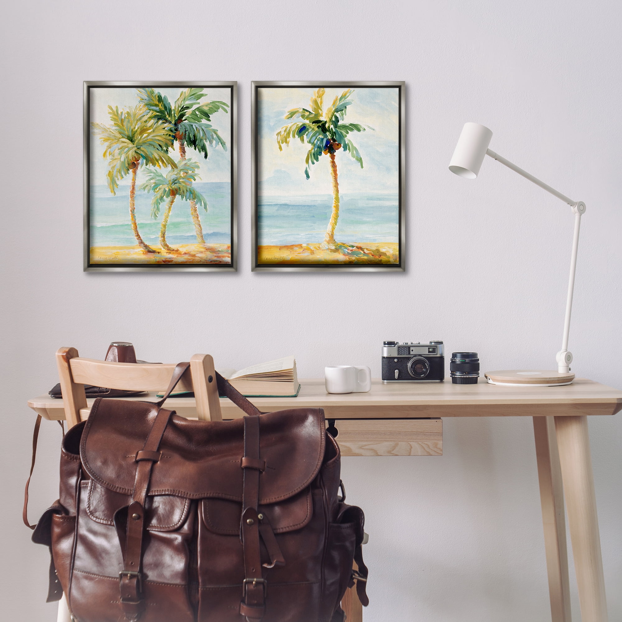 Stupell Industries Tropical Palms Calm Ocean Landscape & Nature Painting Gray Floater Framed Canvas Art Print Wall Art, 17 x 21, Set of 2