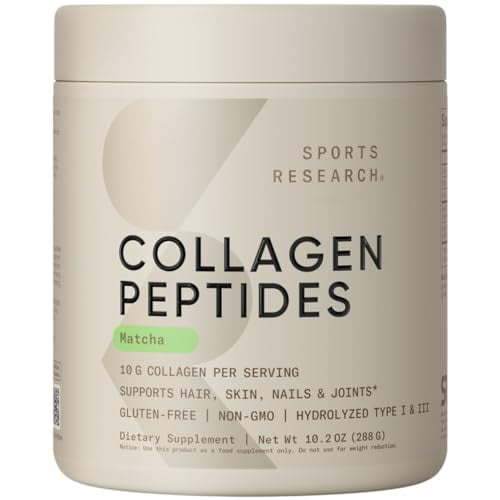 Sports Research Péptidos de colágeno premium en polvo y té verde Matcha orgánico - Suplemento de proteína de colágeno en polvo con Matcha japonés y aminoácidos - Sin gluten, sin OGM, sin azúcar